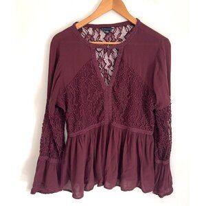 American Eagle Womens Blouse Sheer Lace Top Peplum Keyhole V Neck Purple Large